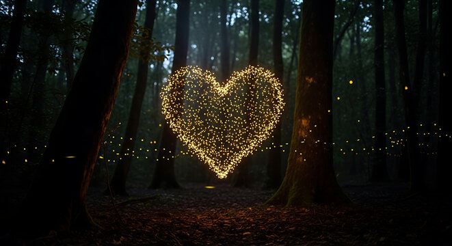 Glowing heart shape made of lights in a dark forest at night