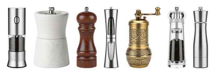 Pepper and salt grinder set including electric, manual, wood, ceramic, brass, and stainless steel models isolated. Kitchen and dining tools collection.