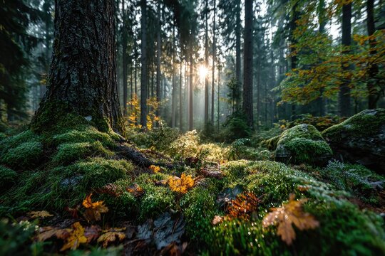 Sunlight streams through a misty autumn forest - Powered by Adobe
