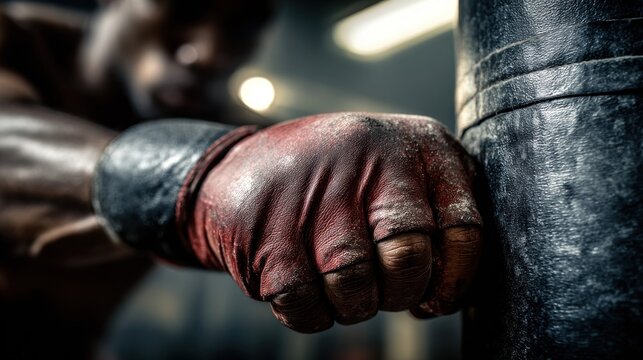 Focused boxer resting hand on punching bag