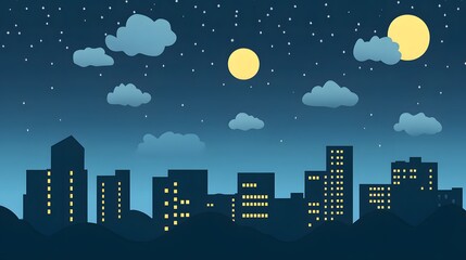 Night City Skyline Moon Stars Cloudscape Illustration