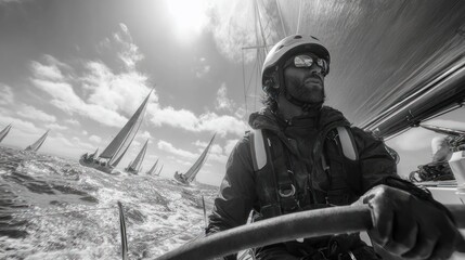 Focused sailor steering a yacht