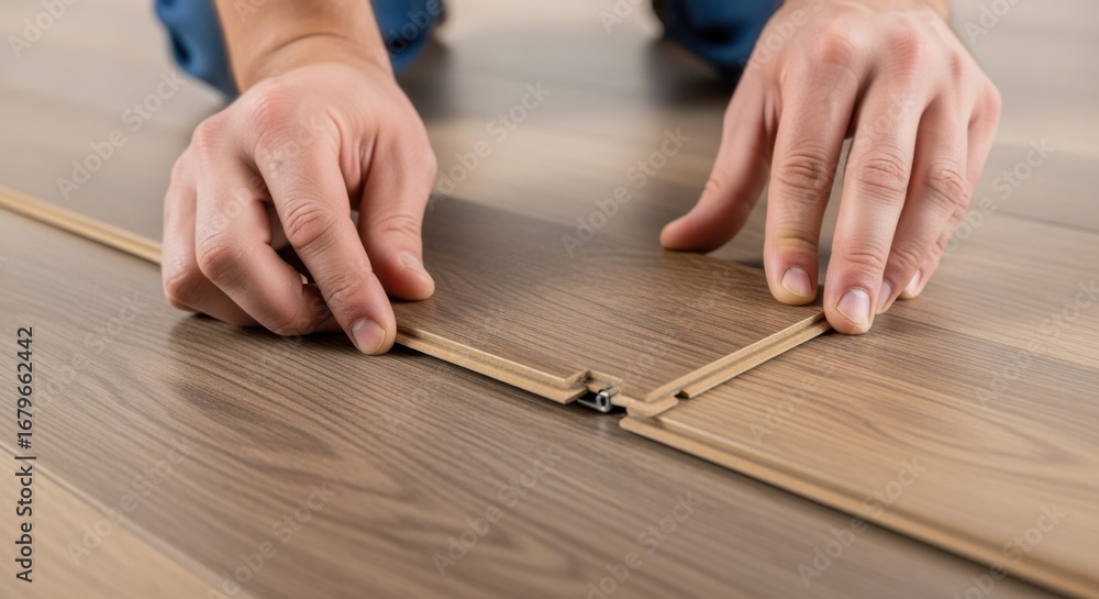 Poster pov perspective of hands laying luxury vinyl planks with clicklock feature focusing on pattern align