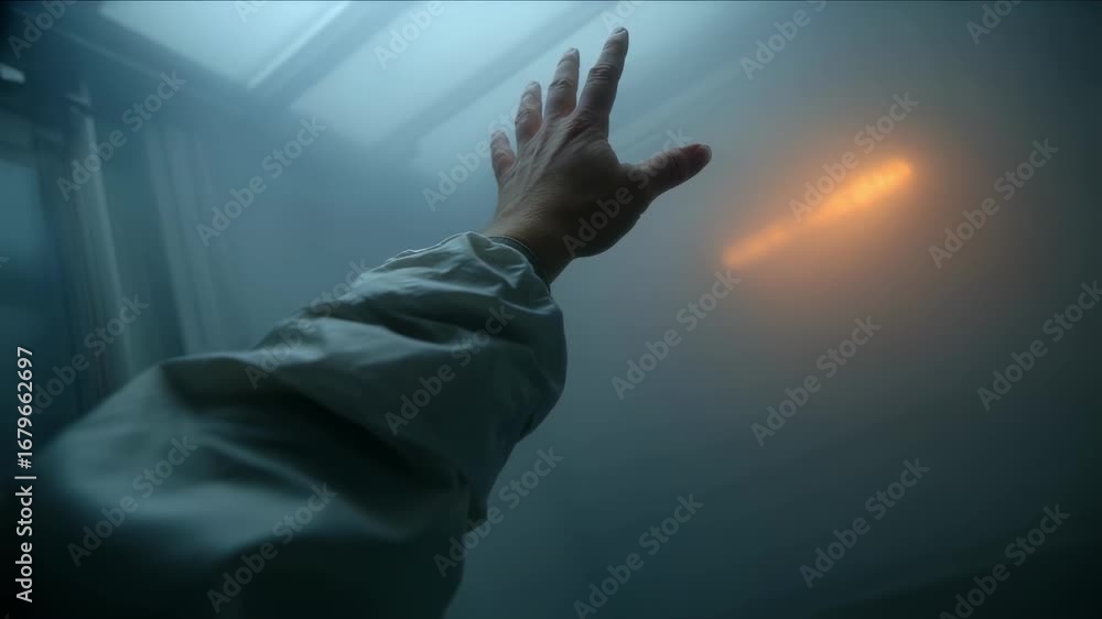Poster patients forearm visible in medium shot as it reaches up to wave softly behind a fogged isolation wi