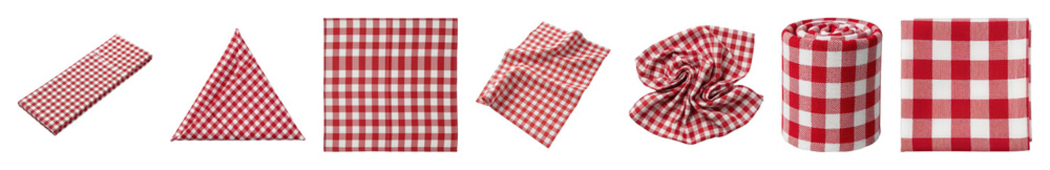 Red and white gingham fabric set including folded, triangular, rectangular, crumpled, and rolled arrangements isolated. Picnic and rustic design elements.