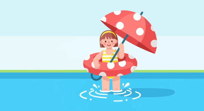 Illustration of a girl in a swimming pool with a polka dot umbrella and inflatable ring - Powered by Adobe
