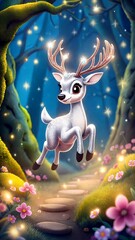 young deer. A small deer jumps high in a clearing with a wide smile. Beautiful postcard