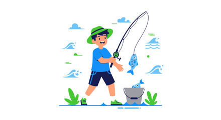 Illustration of a Boy Fishing with a Rod and a Bucket after Catching Fish