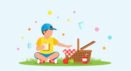 Illustration of a boy having a picnic in a park and enjoying his lunch on the grass