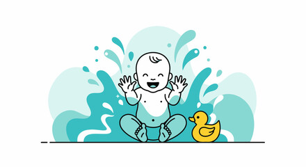 Illustration of a happy baby playing in the water with a rubber duck cartoon vector