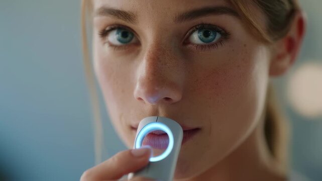 Shot of a user activating a gamified asthma inhaler with LED achievement rings the inhaler in sharp focus and the surroundings blurred to stress personalized respiratory care.