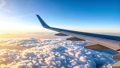 Airplane wing over fluffy clouds at sunrise