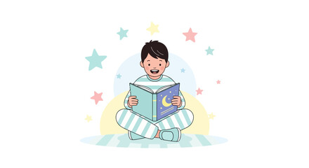 Illustration of a happy child reading a book with a moon and stars design in pajamas