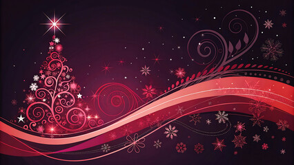 Elegant Crimson Christmas Celebration with Ornamental Tree, Swirls, Snowflakes and a Deep Purple to Red Gradient Background