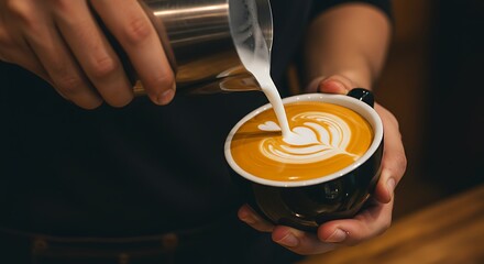 Barista pouring milk to create latte art in a coffee cup
