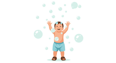 Fototapeta premium Illustration of a cheerful baby playing with bubbles of water