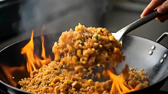 Chef stir frying rice with a large flame in a wok for an authentic Asian dish