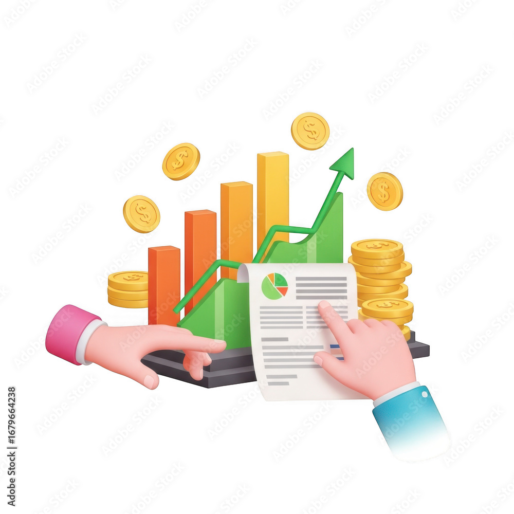 Poster 3d financial growth chart with hands analyzing data isolated on transparent background