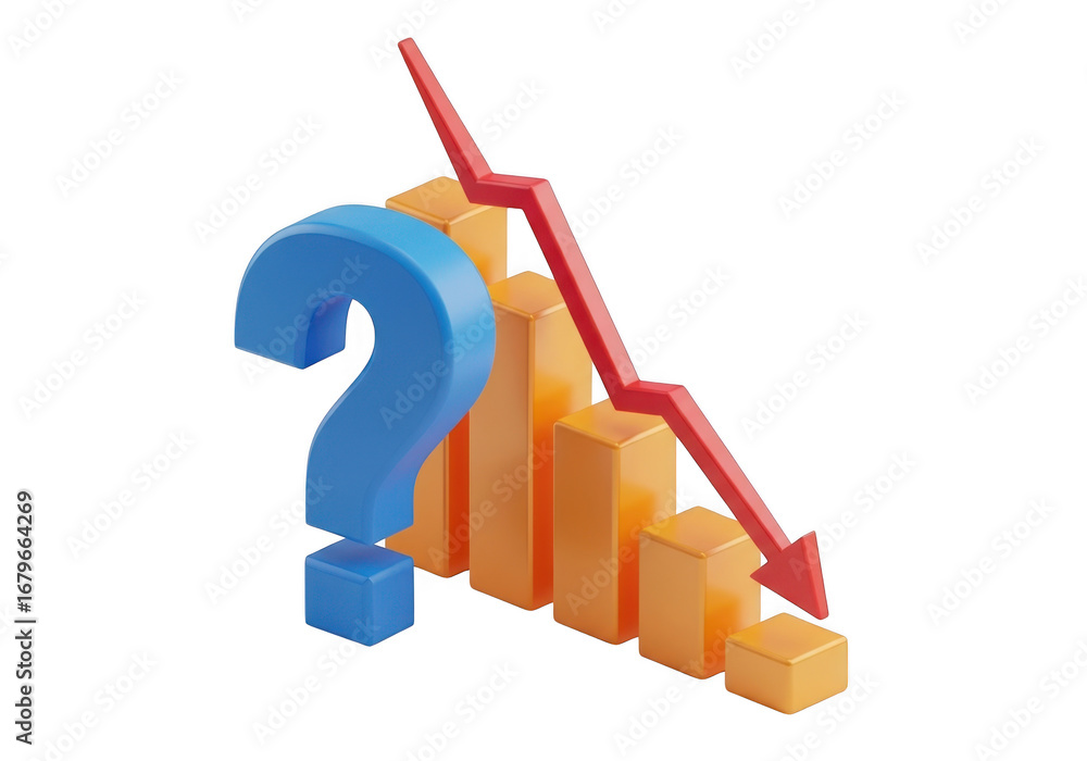 Poster 3d question mark over falling bar chart isolated on transparent background