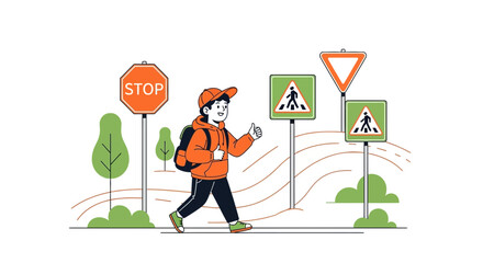 Fototapeta premium Illustration of a child crossing the street near road signs and traffic warnings