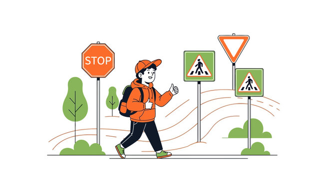 Illustration of a child crossing the street near road signs and traffic warnings