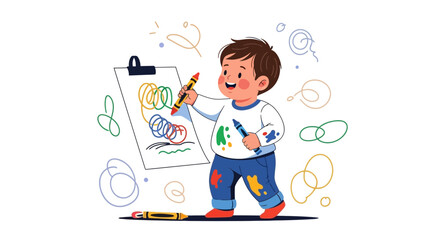 Illustration of a child drawing with crayons on a paper, creative art concept