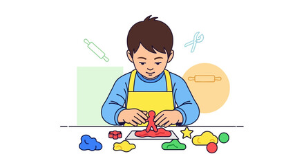 Illustration of a child engaged in creative activities with play dough, fun and educational