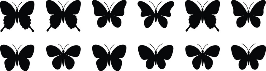 Collection of Black Butterfly Silhouettes with Detailed Wing Patterns insect wings