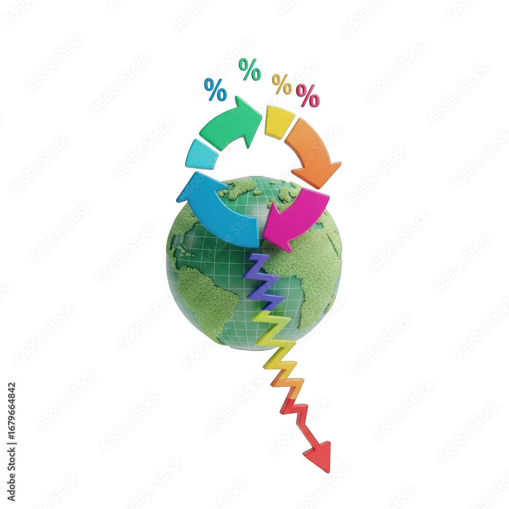 Poster 3d earth with circular arrows and percentage symbols isolated on transparent background