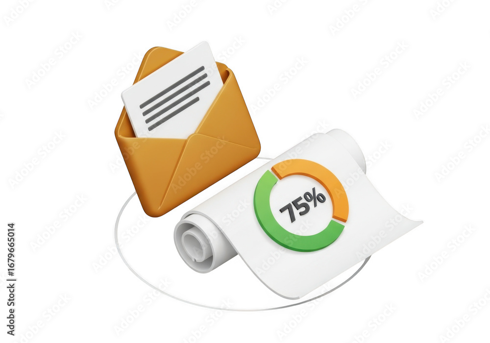 Poster 3d envelope with document and circular chart report isolated on transparent background