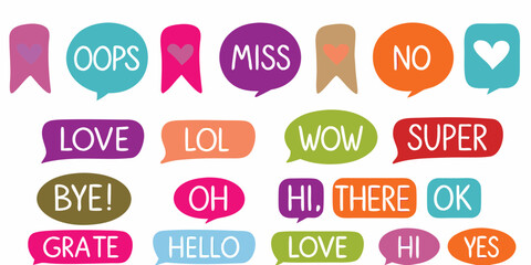 Collection of colorful speech bubbles with positive and common expressions and words