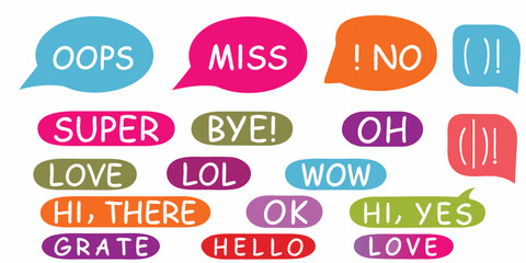 Collection of colorful speech bubbles with popular phrases and expressions on a white background