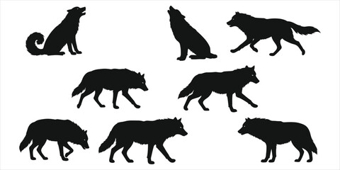 Collection of seven black wolf silhouettes in various poses on white background Keywords: wolf, wolves