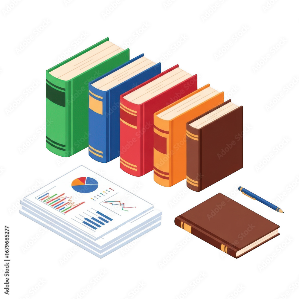 Poster 3d stack of books and report with pen isolated on transparent background
