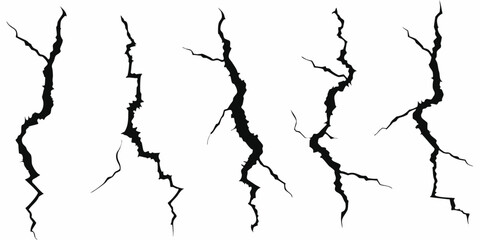 Collection of five black silhouette cracked lines on white background for design elements