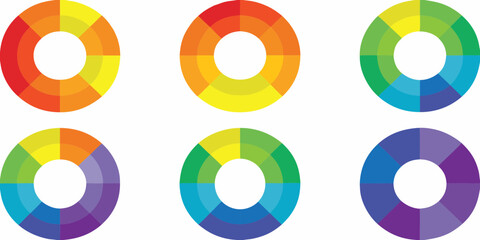 Six colorful circular color wheels with segmented sections showing color gradients and combinations