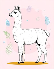 Fototapeta premium Cute llama illustration with pastel floral background