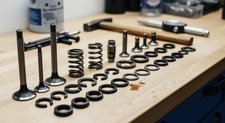 Side angle shot of valve stem components laid out meticulously on a workbench before assembly showcasing organization and parts variety.