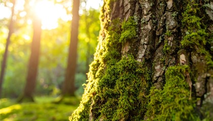 Closeup of mossy tree trunk in sunlit forest