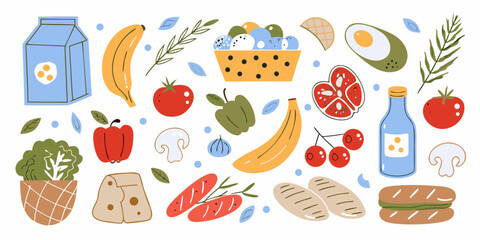 A colorful assortment of fresh food items and groceries arranged in a playful pattern