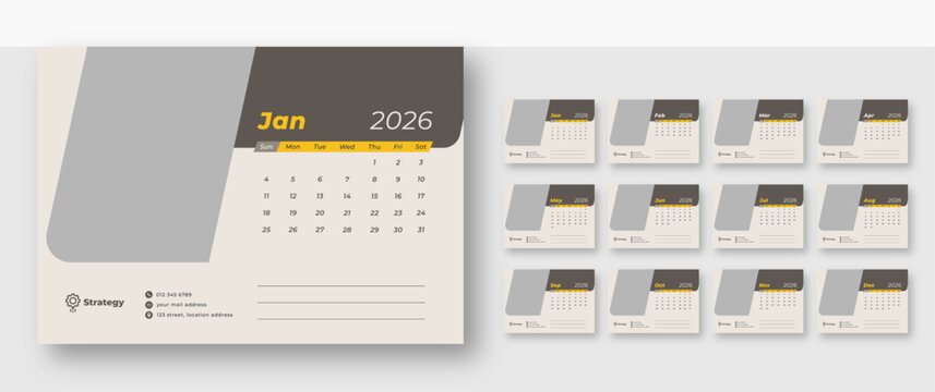 Business Desk Calendar 2026 | Elegant monthly schedule design | Corporate 12-page planner template | Sunday start format - Powered by Adobe