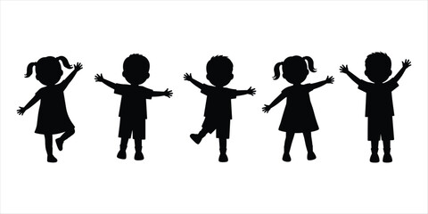 Five diverse children silhouettes with arms raised on white background Keywords: children, kids