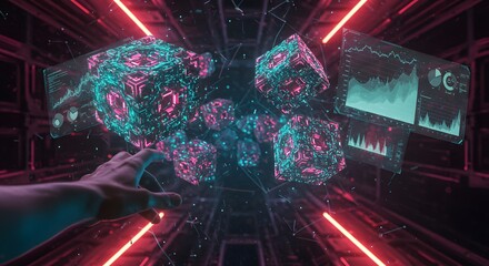 Interactive data visualization Exploring digital cubes and graphs with a futuristic touch, with glowing neon lights