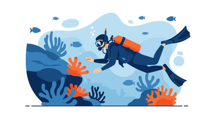 Illustration of a diver exploring the underwater world near coral reefs vector design