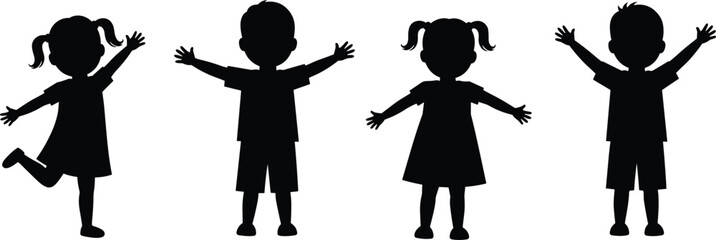 Happy Children Silhouettes with Arms Raised on White Background kids boys © MdAbdur