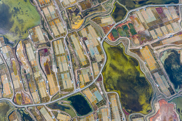 Aerial view of the dramatic landscape of the salt fields of Guerande in France