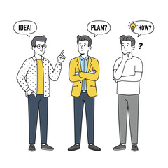 Three men discussing ideas, plans, and solutions for business development