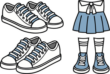 White sneakers blue laces and blue skirt with white collar and socks school uniform shoes