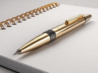 Golden pen resting on a spiral notebook