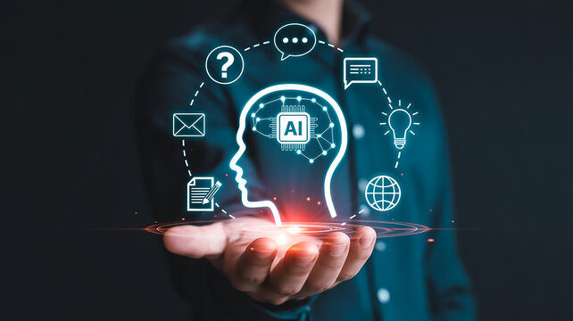 Digital Illustration of Artificial Intelligence Head with AI Chip and Holographic Icons in Corporate Tech Network